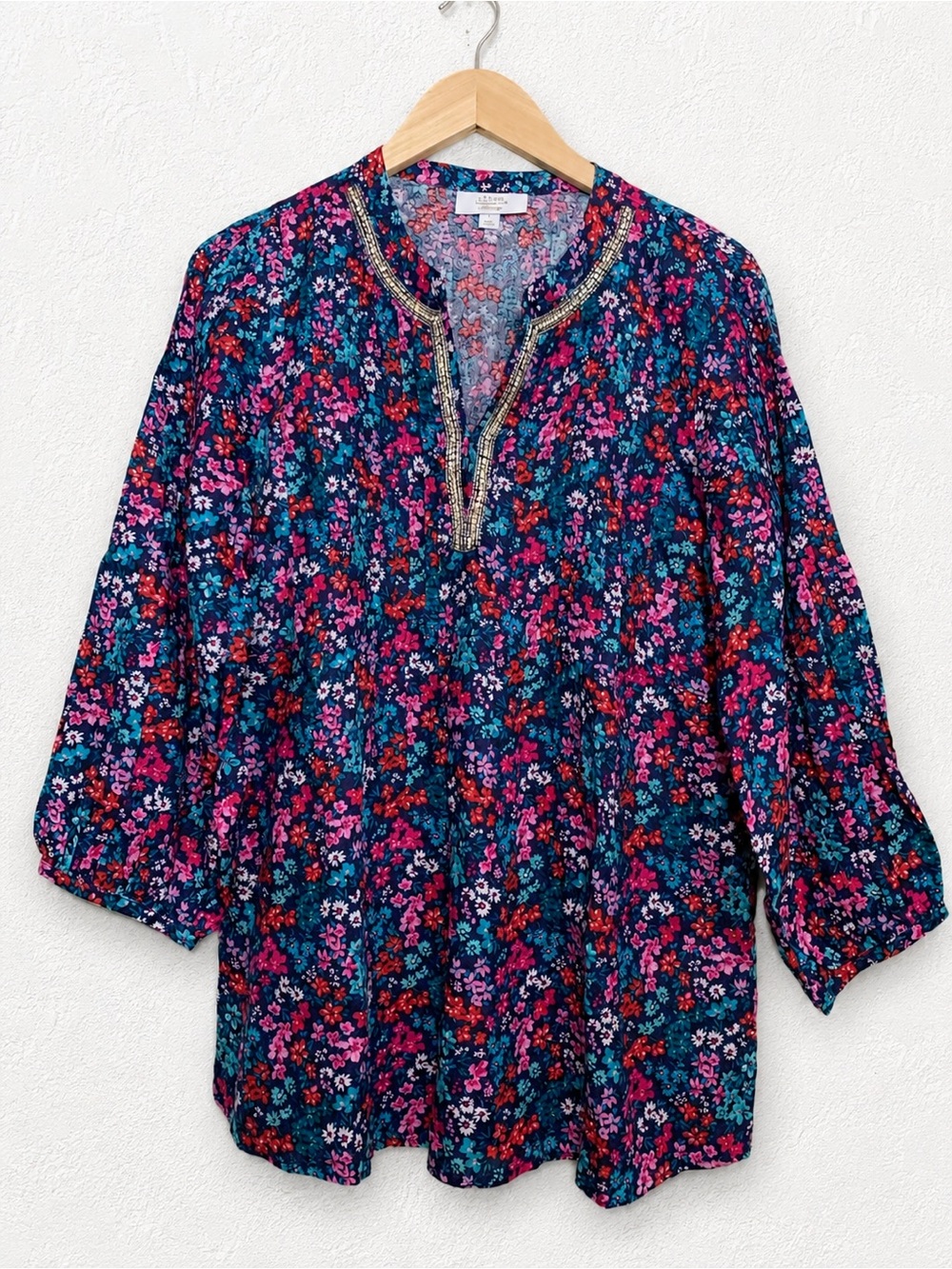 Charter Club Luxury Linen Jeweled Collar Tunic Top Size Large Boho Cottagecore